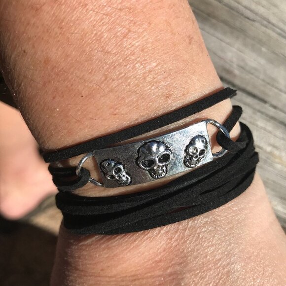 Tie Wrap Skull Silver Bracelet Cuff Yoga Boho Biker Gothic - Picture 6 of 9